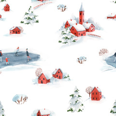 Watercolor seamless pattern winter snowy christmas time red house town landscape fir trees