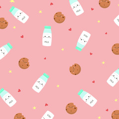 Vector kawaii pattern with milk and cookies on a pastel pink background with stars and hearts. Pattern of elements located in different directions. Happy milk and cute cookies.