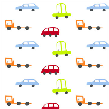 Seamless pattern with different cars. Print or Poster Design for Kids, Card, Baby dishes, clothes, web sites, printed materials, textile, wrapping paper