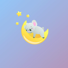 Baby vector gradient illustration with sleeping koala on the moon. Little baby koala sleeps sweetly on the moon and sees sweet dreams. Around the stars shine.