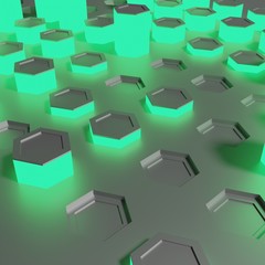 Fototapeta na wymiar Abstract hexagons pieces emerald light and metalic 3d