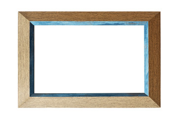 Beautiful wooden photo frame, images with blue inserts on a white background