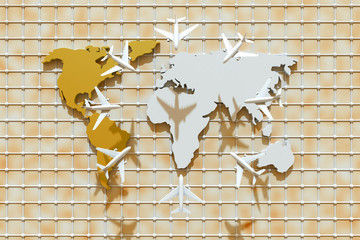 3d Traveling around the world by plane. 3d illustration. Traveling around the world by plane. World Travel concept