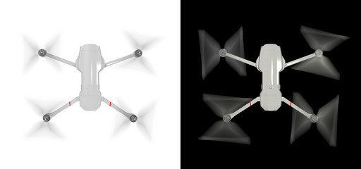 Drone in top view is isolated on a black and white background. Quadrocopter with a rotating propeller and motion blur. 3D rendering illustration. © Garan Julia