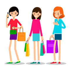 Fototapeta premium Woman with shopping bags. Beautiful girls with shopping bags, great design for any purposes. Fashion and style. Illustration in shop at sale. Cartoon isolated on white background in flat style