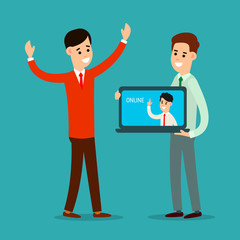 Businessman with laptop. Technology communication concept. Network office workplace. Creative people work in internet. Online connection. Cartoon illustration isolated on white background in flat