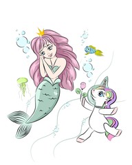 A beautiful mermaid and a unicorn. The unicorn swims with a mermaid and gives her a flower. Postcard with a mermaid. Style doodle. Print for t-shirts and baby clothes, cards, posters and any design.