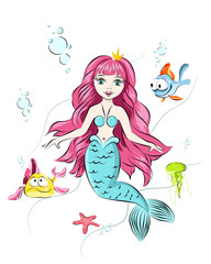 Cute mermaid and marine life, fish, jellyfish, starfish. PRINT for t-shirts and baby clothes, cards, posters and any design.