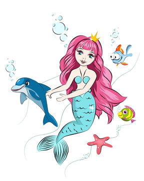 Cute mermaid and marine life, fish, dolphin. Print for t-shirts and baby clothes, cards, posters and any design.