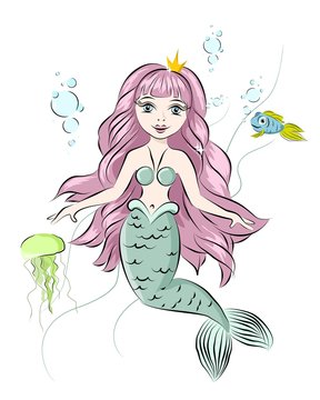 Cute mermaid and marine life, fish, jellyfish. Print for t-shirts and baby clothes, cards, posters and any design.