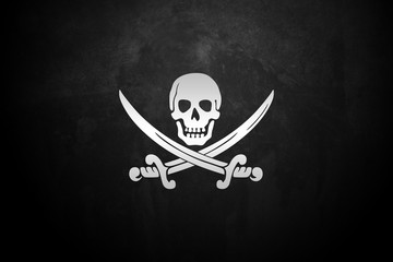 Ripped tear grunge old fabric texture of the pirate skull flag waving in wind, calico jack pirate symbol at cloudy sky with sun rays light, dark mystery style, hacker and robber  - obrazy, fototapety, plakaty