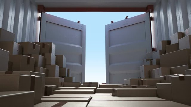 Cargo Shipping Container Opening Doors Slow Motion. Inside View with a Load of Cardboard Boxes. Beautiful 3d Animation of Opening Container. Transportation Concept. 4k Ultra HD 3840x2160.