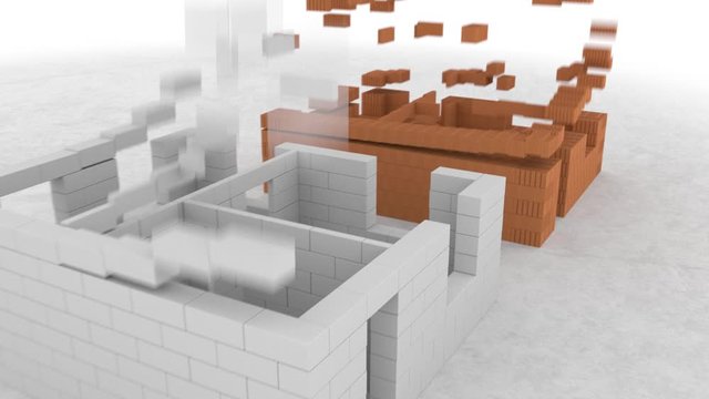 Abstract construction of building, of cartoon brick house isolated on white background. Stock footage. Brown and white bricks falling down and forming building frame.