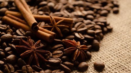 Coffee beans cinnamon sticks and star anise. Whole grains with aromatic spices.