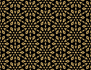 Abstract geometric pattern with lines, snowflakes. A seamless vector background. Gold and black texture. Graphic modern pattern