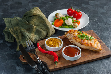 Fried chicken fillet and boiled vegetables