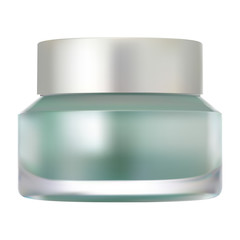 Glass cream jar mockup. Realistic vector container blank for cosmetic product. Round package with silver plastic lid for luxury makeup powder. Isolated green packaging template design