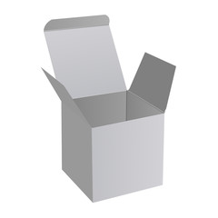 Open box. 3d square paper mockup. Gift surprise package design. Carton mail container for shipping and transportation. Cardboard merchandise pack. Gray qube shape parcel for cosmetic product