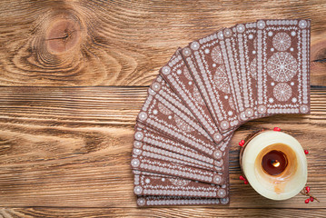 Tarot cards on brown table of fortune teller. Divination. Future reading concept.