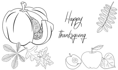 Black and white vector illustration of pumpkin, autumn leaves and apples for thanksgiving.