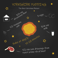 Yorkshire pudding recipe. All elements are isolated. Chalkboard style. Black background