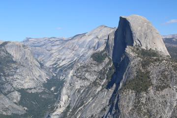 Glacier Point, an overlook with a commanding view of Yosemite Valley, Half Dome, and the High Sierra is located 30 miles (one hour) from Yosemite Valley