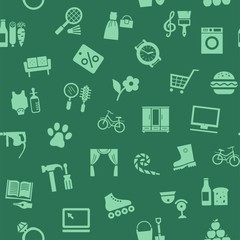 Shops, seamless pattern, color, green, vector. Different categories of goods. Green icons on a green field.  
