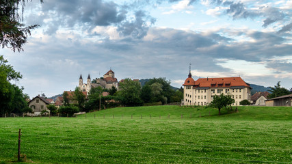 Fototapeta na wymiar Panorama of Aarburg with medieval castle on and old building, Switzerland
