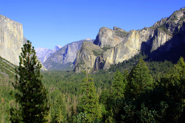 Fototapeta na wymiar Tunnel View provides one of the most famous views of Yosemite Valley, from here you can see El Capitan and Bridalveil Fall rising from Yosemite Valley, with Half Dome in the background. .