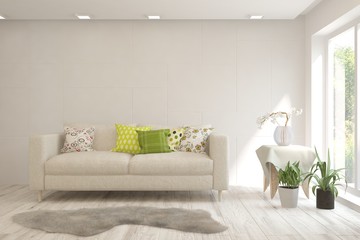 Stylish room in white color with sofa. Scandinavian interior design. 3D illustration