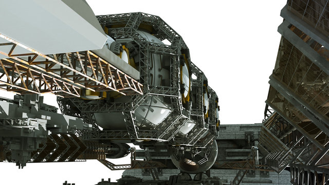 3D detailed close-up of a space station for futuristic interstellar travel or science fiction backgrounds with the clipping path included in the illustration.