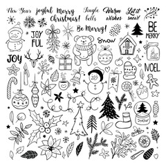 Set of Christmas elements. Snowflakes, Santa Claus, christmas tree, gifts, calligraphy, lettering, animals and other elements. Vector illustration.