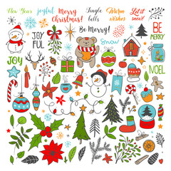 Set of Christmas elements. Snowflakes, Santa Claus, christmas tree, gifts, calligraphy, lettering, animals and other elements. Vector illustration.