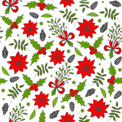 Materiał do szycia Seamless Christmas pattern with pine cones, poinsettia, mistletoe and tree branches. Vector illustration.