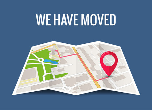 We have moved new office icon location. Address move change location announcement business home map