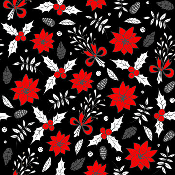 Seamless Christmas pattern with pine cones, poinsettia, mistletoe and tree branches. Vector illustration.