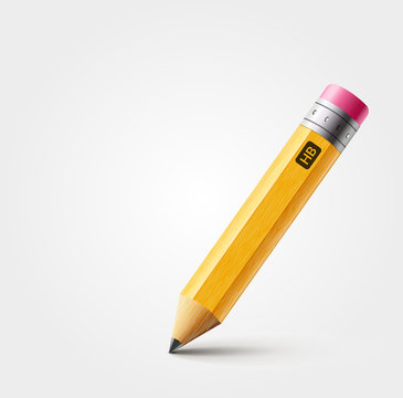 Vector short yellow pencil, Realistic pencil isolated cartoon with rubber eraser