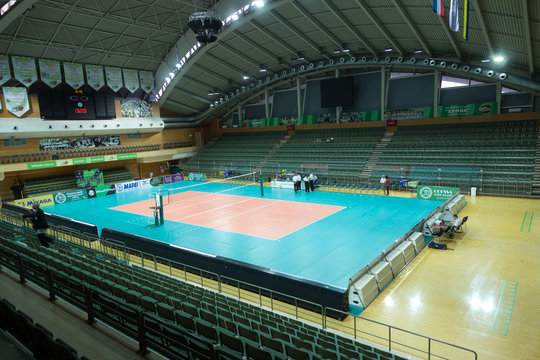 ODESSA, SOUTH, UKRAINE - October 15, 2019. Women's European Volleyball Championship. Volleyball Court, Net Prepared In Anticipation Of Match. CEV Champions League Volley 2020