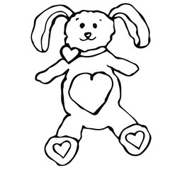 Bunny toy. Hand-drawn vector cute rabbit with heart decoration. Sketch. Isolated on white background. Line art of bunny design for Valentines Day, kids illustration, poster. Scandinavian style. Trendy