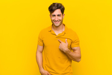  looking happy, proud and surprised, cheerfully pointing to self, feeling confident and lofty