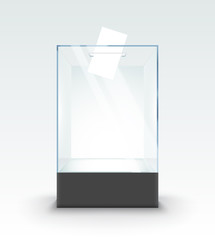 Transparent glass box ballot vote election. Empty container paper on standm voting box poll
