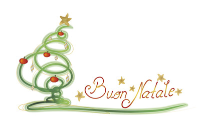 Kreativer freihand gezeichneter Weihnachtsbaum mit Stern und Äpfel und Text Buon Natale auf weißem Hintergrund.