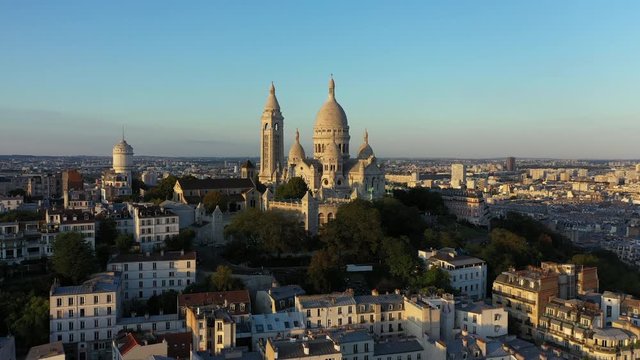 Aerial of Montmartre hill  in Paris at sunset
