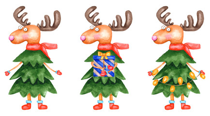 Set of deers in the Christmas tree. Watercolor New Year reindeer. Cute deers with gift and garland. Illustration isolated on a white background.