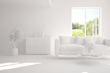 Mock up of stylish room in white color with sofa and green landscape in window. Scandinavian interior design. 3D illustration