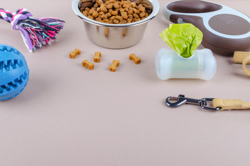 dried food in a bowl for pets, leash, toys and poop bags