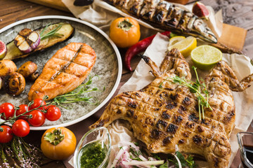 variety of restaurant dishes of national Georgian Armenian and Azerbaijani cuisine