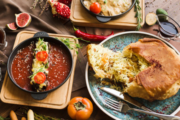 variety of restaurant dishes of national Georgian Armenian and Azerbaijani cuisine