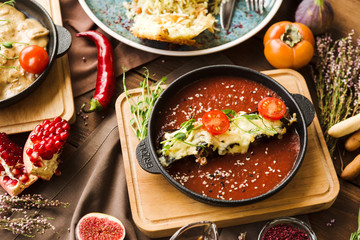 variety of restaurant dishes of national Georgian Armenian and Azerbaijani cuisine