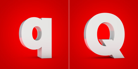 White 3D alphabet letter Q isolated on red background.